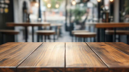 Empty wooden table in a blurred background of a coffee shop or restaurant interior with free space for product display, a mockup for design and decoration.
