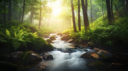 A calm forest stream with crystal-clear water flowing over smooth stones. The stream is surrounded by lush, green ferns and moss-covered rocks. The light filters through the trees, casting soft