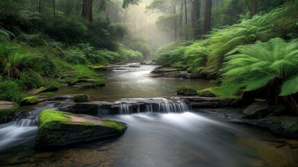 A calm forest stream with crystal-clear water flowing over smooth stones. The stream is surrounded by lush, green ferns and moss-covered rocks. The light filters through the trees, casting soft