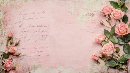 Obraz premium Soft Pink Roses with Vintage Handwritten Script on Pastel Lace Background 