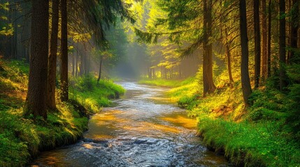Fototapeta premium A peaceful mountain stream winding through a dense forest, with tall trees and thick underbrush on either side. The water is clear and smooth, reflecting the green of the surrounding foliage.