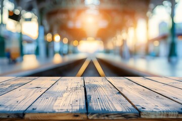 A wooden table in the foreground with a blurred train station scene glowing in the background during sunset, evoking tranquility and travel.