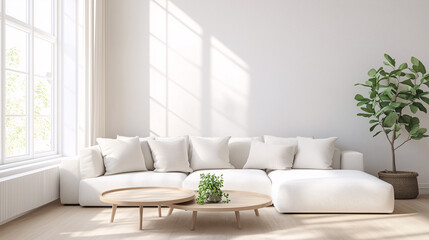 A bright, minimalist living room with a large white sofa, neutral-colored cushions, and a simple coffee table. The room is accented with a single green plant by the window