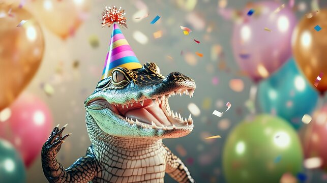 Happy Cute Animal Crocodile Wearing a Clown Hat, Celebrating New Year Celebration or Fancy Birthday Party, Lots of Balloons with Shiny Ribbons.