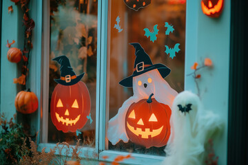 halloween themed window decor with ghost and witch silhouette against twilight sky
