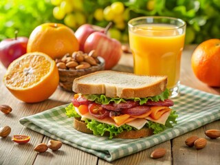 A beautiful still-life composition featuring a bacon sandwich, surrounded by fresh fruit, nuts, and a glass of freshly squeezed orange juice, on a bright, sunny tablecloth.