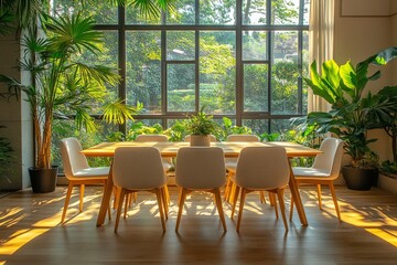 Obraz premium Bright dining room with modern furniture, plants, glass walls, and natural light