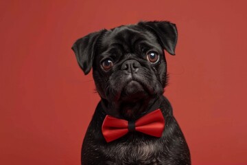 A stylish pug dog wearing glasses and a bow tie, exuding charm and personality in a playful pose. A quirky pug wearing a bow tie, AI generated