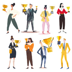 Obraz premium PNG Successful employees holding trophies element set, transparent background