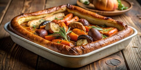 Toad in the Hole served with a side of roasted root vegetables, arranged artfully on a ceramic platter, under warm, softbox lighting, with a shallow depth of field.