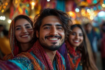 Naklejka premium Smiling friends at a vibrant festival, taking a colorful selfie together