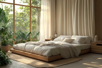 Modern, cozy bedroom with a bed, plants, and natural light streaming through a large window