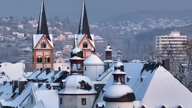 Old town Altstadt of Koblenz, Germany, Rheinland Pfalz. Historical city Center covered with Snowat Winter. Aerial View
