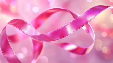 Breast cancer awareness month concept with pink ribbon tapes forming a glossy round pattern on a soft abstract background.