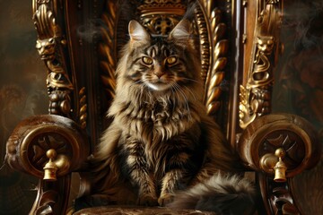 Fototapeta premium A cat lounging on a chair within a warm and inviting room. A regal-looking Maine Coon cat sitting on a throne, AI generated