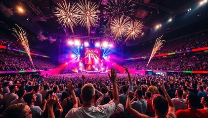 A vibrant concert photo of a massive, excited crowd dancing with epic lighting and fireworks,...