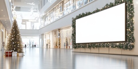 Blank billboard is standing in a shopping mall decorated for christmas