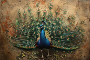 Obraz premium A vibrant painting of a peacock displaying its colorful feathers in an elegant pose, showcasing nature's beauty. A regal peacock displaying its feathers, AI generated