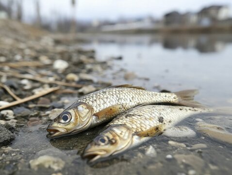Stagnant fish in a polluted pond, showcasing the effects of environmental negligence on wildlife