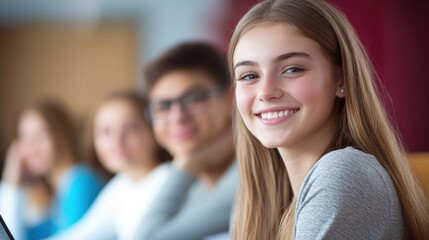 Fototapeta premium Group of diverse students sitting in classroom smiling and engaging in educational activities, promoting teamwork and friendship.