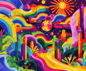 Ai Generated Art Abstract Funky 2D Flat Trippy Psychodelic Magic Forest Background in Purple Yellow Pink Blue Rainbow Bright Neon Colors