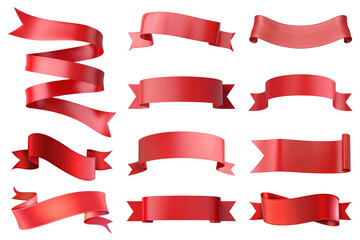 PNG red ribbon banner element set, transparent background