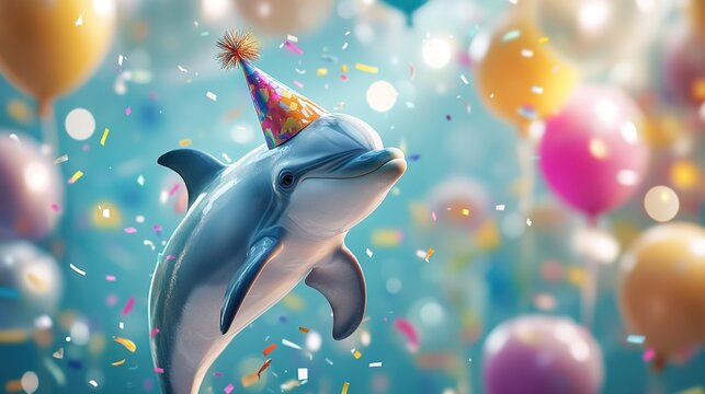Happy Cute Animal Dolphin Wearing a Clown Hat, Celebrating New Year Celebration or Fancy Birthday Party, Lots of Balloons with Shiny Ribbons.