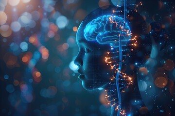 Futuristic visualization of AI-enhanced human brain with digital neural network and DNA strands.