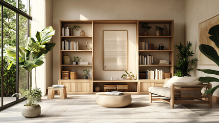 Fototapeta premium A Japandi-themed living room with a focus on nature, showcasing a light wood bookshelf, indoor plants, and simple, handcrafted furniture pieces. Warm, natural lighting enhances the space