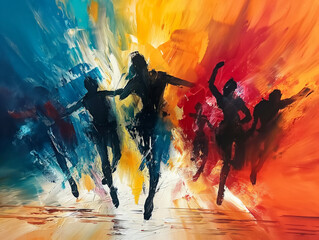 A painting of people dancing with a splash of color. The painting is full of energy and movement, with the people jumping and dancing in the air. The colors used in the painting are bright and vibrant