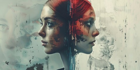 Young woman reflecting showing her split personality with grunge texture