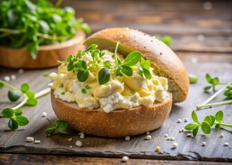 Moist egg salad oozing out of a crusty bread roll, surrounded by fresh cress leaves and a sprinkle of salt, captured in a shallow focus.