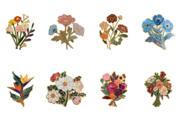 PNG flower enamel pin badge element set, transparent background