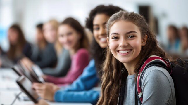 Group of happy students engaged with digital tablets during a classroom session, showcasing modern education and technology.