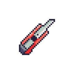 Pixel Art Utility Knife Icon. Retro 8bit Office Snap Blade and Craft Cutting Tool.