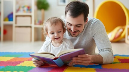 Obraz premium handsome man reading to his child in the nursery on a colorful tiled and carpeted floor, enjoying storytime and happy bonding with open books