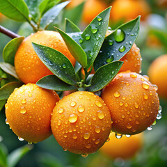 A Fresh oranges adorned with water droplets plant image