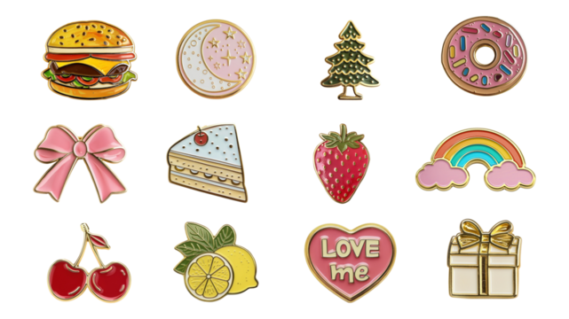 PNG lifestyle enamel pin badge element set, transparent background