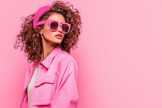 A trendy woman in bright pink attire, sporting stylish sunglasses and posing with confidence against a pink background, highlighting her fashion-forward sense and vibrant style.