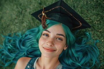 Young university graduates with blue hair wearing a graduation cap lying on green artificial lawn and smiling