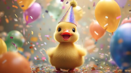 Happy Cute Animal Duck Wearing a Clown Hat, Celebrating New Year's Celebration or Fancy Birthday Party, Lots of Balloons with Shiny Ribbons.