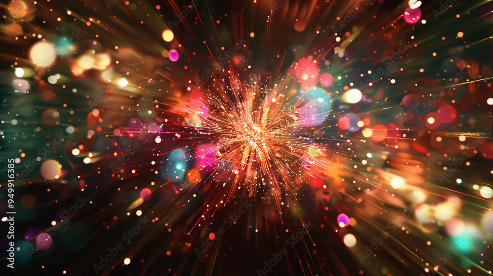 Aufkleber vibrant colorful sparkles emanating from the center of an abstract black background
