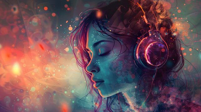 Vector illustration, profile portrait of a beautiful woman in headphones on a cosmic abstract background. Screen saver concept for a playlist on a music channel