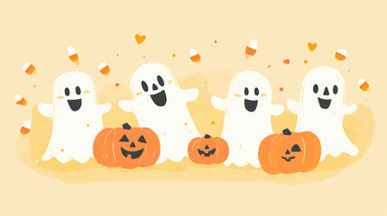 Cute pastel Halloween card with friendly ghosts and pumpkins, on a light pastel yellow backdrop with candy corn.