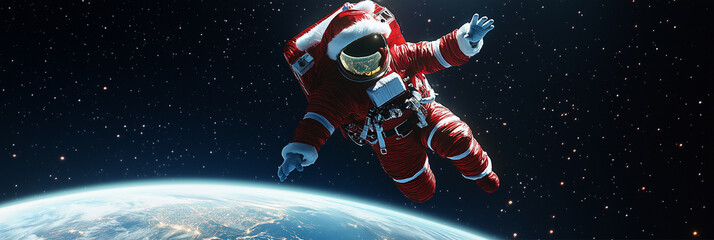 Santa Clause Astronaut Flying in Space, Cosmos. Santa Clause Astronaut Flying in Space, Cosmos. African American People Celebrating Winter Holidays. Luxury Happy New Year Celebration Background.