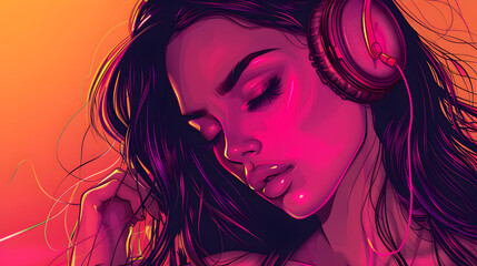 Fototapeta premium Vector illustration, portrait of a beautiful young girl in headphones, who closed her eyes in pleasure, on a bright isolated background. Music channels or music charts screensaver concept