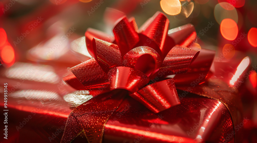 Poster red present wrapped with a shiny red ribbon bow is waiting to be opened for christmas