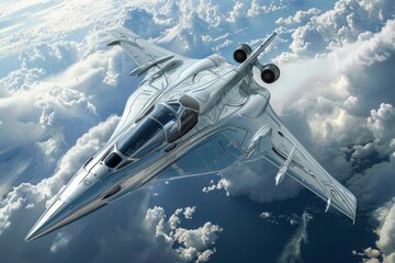 Fototapeta premium A dynamic fighter jet maneuvering through a sea of clouds, emphasizing its power and speed against the vast sky, A sleek, futuristic military aircraft patrolling the skies, Ai generated