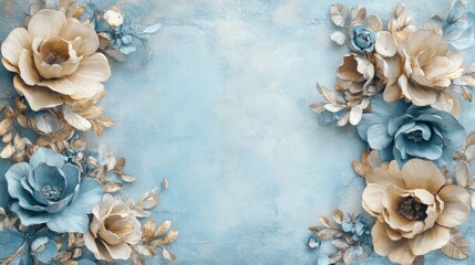 Obraz premium Elegant floral background with beige and blue flowers on a textured light blue surface. 
