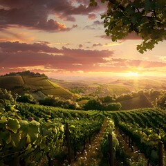 A Vineyard on a hill at sunset vineyard outdoors nature. 